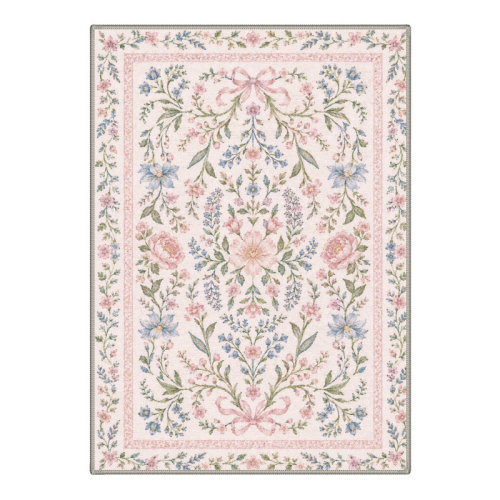 August Grove® Machine Washable Floral Ivory / Pink Hallway Runner With Non-Slip Backing | Wayfair