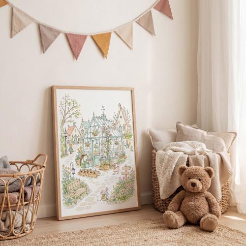 Woodland Greenhouse Watercolor Nursery Print, Floral Animals Baby Room Art