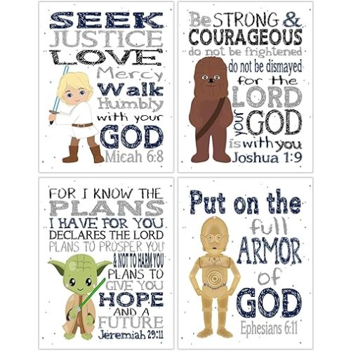 Pixie Paper Space Wars Christian Nursery Decor Set of 4 Unframed Prints - C3PO, Chewbacca, Yoda and Luke Skywalker with Bible Verses