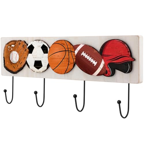 Wood Sports Coat Rack with 4 Hooks Basketball Baseball Football Soccer Wall Mounted Coat Hooks Decor Ball Sports Theme for Home Entryway Playroom Hats Keys Towels