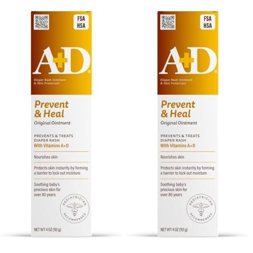 A+D Original Diaper Rash Ointment Prevents & Treats Diaper Rash, Moisturizing Skin Protectant with Vitamins A & D, Healing Skin-Ointment for Dry and Cracked Skin 4oz (Pack of 2)