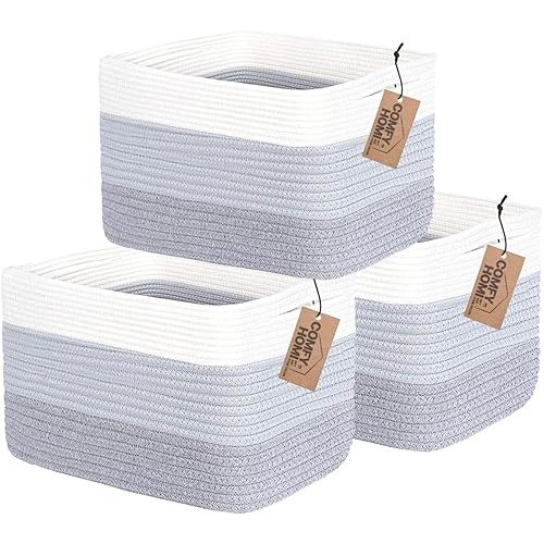 COMFY-HOMI 3PACK Cotton Rope Woven Basket With Handles for Shelves, Toy, Book, Cloth Storage Basket for Organizing|13.5" x 11" x 9.5" Decorative Nursery Cube Bin for Living Room（White / 3-Tone Grey）