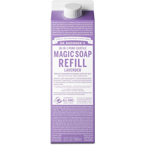 Dr. Bronner's Pure-Castile Liquid Magic Soap Refill - Made with Regenerative Organic Certified Oils, 86% Less Plastic per Quart - 18-in-1 Uses for Face, Body Wash, Hand Soap Refill- Lavender, 32oz