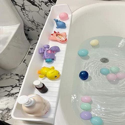 31.5" Bathtub Splash Guard for Kids & Toddlers - Silicone Play Shelf & Toy Storage Tray with Strong Suction Cups to Prevent Water Spills, No-Leak Fun Bath Time - Tub Toy Holder Ledge,White