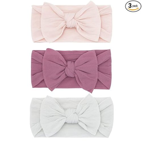 Baby Bling Bows - Newborn to Little Baby Girl Bows, 3PK CLASSIC KNOT Nylon Super Soft Stretchy Toddler Headbands, Perfect Hair Accessories Head Bands for Infant Kids, Made in the USA