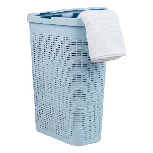 Mind Reader 40L Slim Laundry Hamper, Clothes Basket, Lid, Wicker Design, Plastic, Baby Blue
