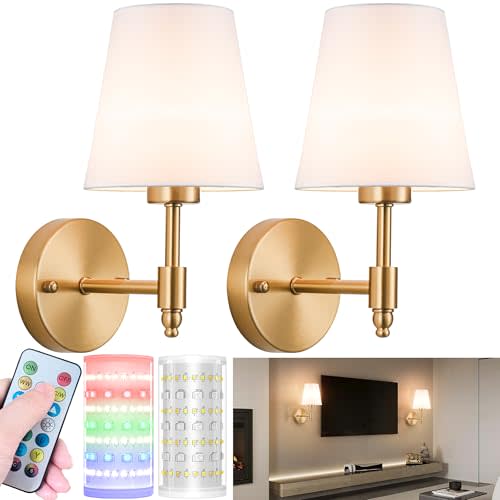 Nekhung Battery Operated Wall Sconces Set of Two, Wireless Battery Wall Light with 10000mAh RGB Dimmable Magnetic Bulb and Remote, Rechargeable Sconce Wall Decor for Bedroom Living Room Hallway
