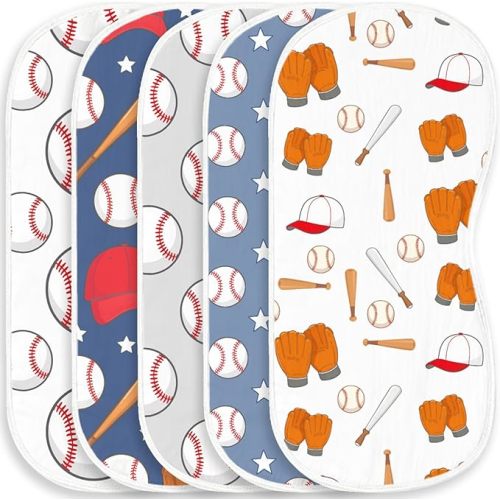 5 Pack Baseball Sport Burp Cloths Baby Boys Girls with Baseball Pattern, Large Cotton Burp Rags for Newborns Gifts Nursery Decor Extra Soft and Absorbent 9.8X19.6inches