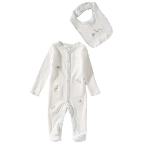 Starting Out Baby Boys Long Sleeve Cotton Round Neck Embroidered Animals Footed Coverall & Bib Set