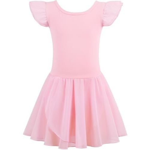 Girls Dance Ballet Leotards Dresses for Toddler Ballerina Outfit Skirt Hollow Knot Back Flutter Sleeve