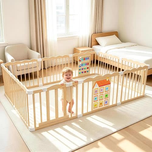 Wooden Baby Playpen with Built-in Activity Panel, 98x65x24In