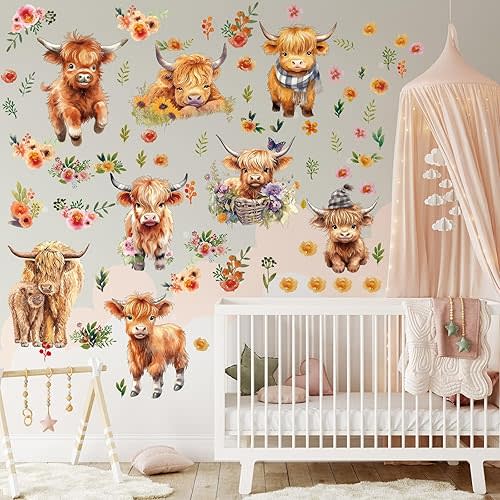Yinder 12 Sheet 78 Pcs Highland Cow Wall Decals Baby Wall Decals Highland Cow Sticker Cute Nursery Baby Decor for Kids Girls Boys Room Bedroom