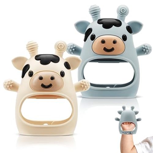TOHIBEE 2 Packs Baby Teething Toys for 0-6 6-12 Months, Food Grade Silicone Adjustable Cow Teething Mitten, Chew Teether Toys for Teething Pain Relief, Baby and New Born Essentials, Blue & White