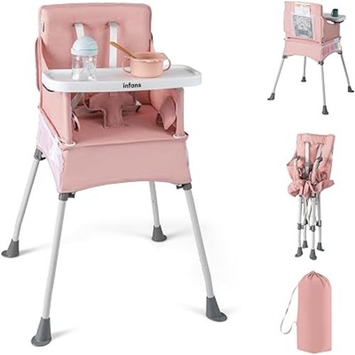 INFANS Baby High Chair, Foldable Portable Highchair for Babies and Toddlers with Travel Bag Adjustable Tray, 5 Point Harness, Compact Space Saver Infant Feeding Chair for Age 6-36 Months (Pink)