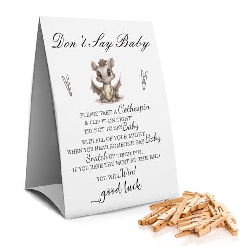Don't Say Baby Clothespin Games Sign(1 Sign + 50 Mini Clothespins), Baby Shower Games, Little Dragon, Gender Neutral Baby Shower