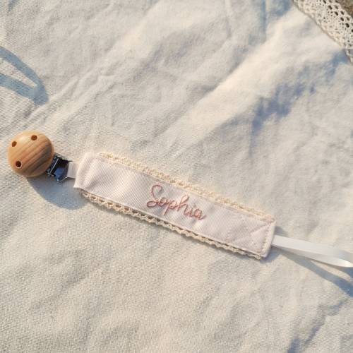 Personalized pacifier clip holder, Personalized fabric pacifier clip with wooden clip,hand embroiered name,baby shower gift