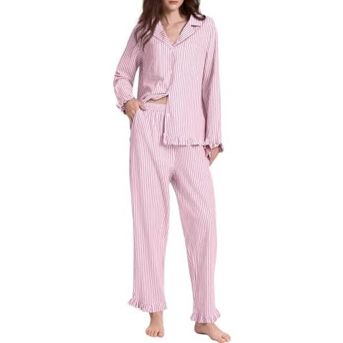 COZYPOIN 100% Cotton Striped Pajamas Set for Women Elegant Ruffle Long Sleeve Button Down 2 Piece Lounge Sleepwear Set