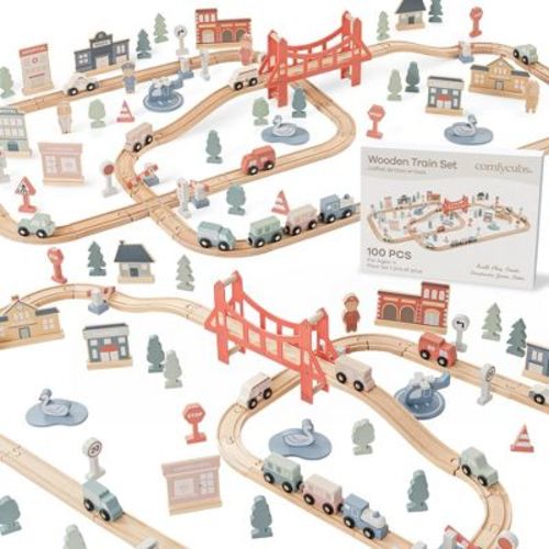 Comfy Cubs 100-Piece Wooden Train Set for Ages 1+, Toddler Train Set with Wooden Toy Tracks