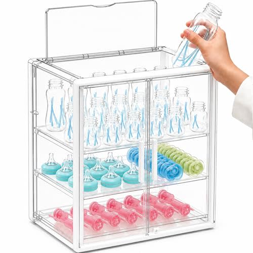 Reinforced Baby Bottle Organizer 3 Tier Baby Bottle Storage Organizer Clear Bottles Station for Countertop Double Magnetic Door Acrylic Large Bottles Container Cabinet Bin for Pacifiers,Pump X-Large