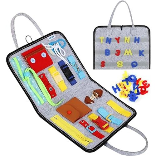 Esjay Toddler Busy Board, Sensory Board for Fine Motor Skill, Montessori Toys Toddler Activities for 3+ Year Old, for Travel, Car, Grey Alphabet