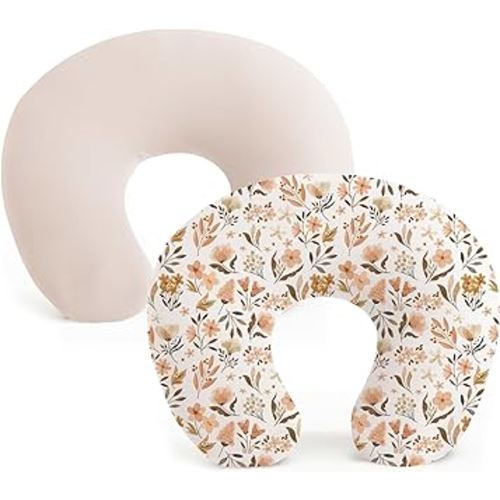 Konssy 2 Pack Nursing Pillow Covers, Stretchy and Soft Nursing Cover for Breastfeeding Pillows, Pillow Slipcover for Baby Girls Boys Newborn (Beige,Watercolour-Flower)