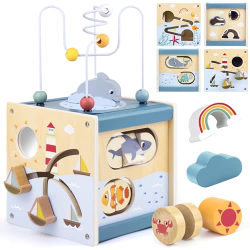 Airlab Wooden Activity Cube Montessori Toys for 1 Year Old Toddlers 12 Months + Toddler Learning Toys 1-3 Boys Girls Baby Sensory Interactive Birthday Gift