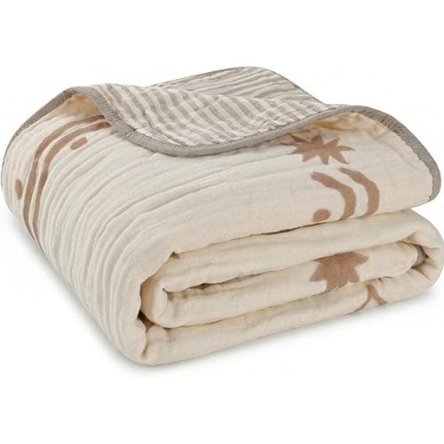 Ultra Soft Muslin Baby Blanket - Made with Organic Cotton, Reversible Rainbow Print & Coffee Striped Jacquard, Swaddle & Crib Quilt, 43x43 Inches (Rainbow Border)