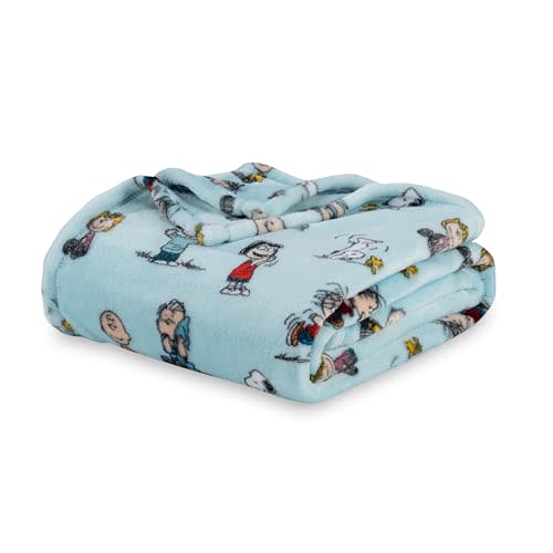 Berkshire Blanket Peanuts® VelvetLoft® Cute Character Snoopy Plush Oversized Throw Blanket, Snoopy Play with Peanuts Gang Light Aqua (50in x 60in)