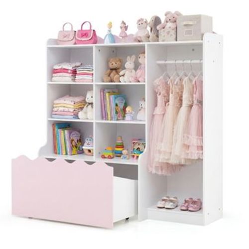 Costway Kids Toy Storage Organizer, Children Dress up Closet Wardrobe with Clothing Rack Pink + White