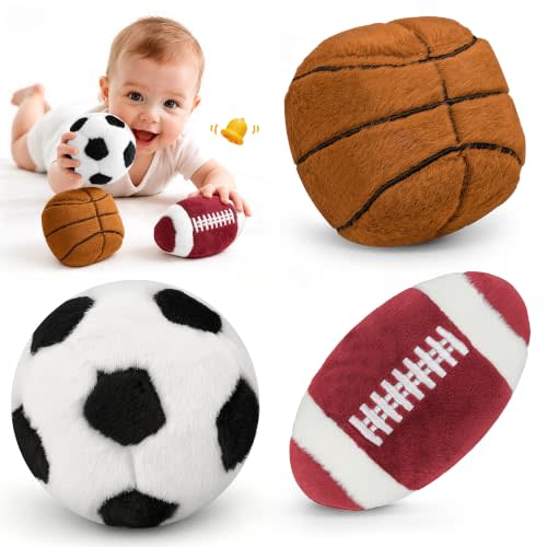 Baby Ball Toys for 0-6 Months - 3pcs Baby Soft Rattle Toys for Sensory | Plush Stuffed Soccer Football Basketball Sports Toys for Learning Develop Shower Birthday Gifts Newborn Infant 0 3 6 Months