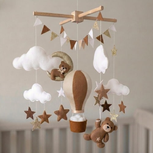 Teddy Bear Baby Mobile, Custom Hot Air Balloon Nursery Decor, Felt Cloud Crib Mobile, Gold Star Moon Theme, Newborn Baby Shower Gift Idea