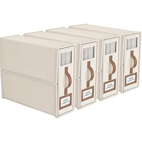 4 Pack Foldable Bed Sheets Set Organizers and Storage(King & Queen Size),Linen Fabric Closet Organizers with Window,Folding Bedding Storage Box for Bedsheets and Pillow Cube Organizer-Beige