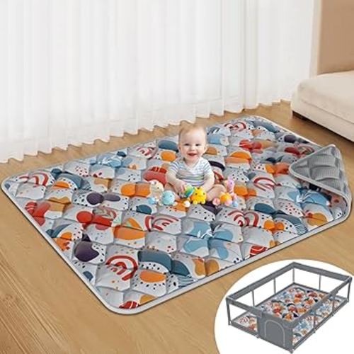 Baby Play Mats for Floor, Foldable 74x50 Playpen Mat Grey, Thicken Cushioning Padding Playmate for Baby and Toddlers Infants, Non-Slip, Machine Washable, Easy to Store