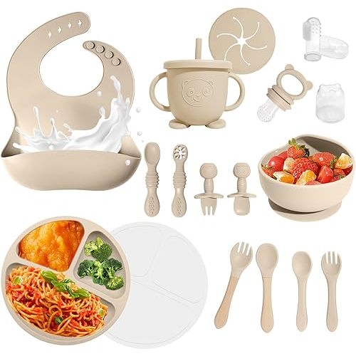 Baby Led Weaning Supplies, 17 Piece BPA-Free Silicone Feeding Set, Eating Essentials Baby Utensils with Suction Plate and Bowl, Pocket Bib, Sippy Cup with Lid, for 6+ Months, Beige