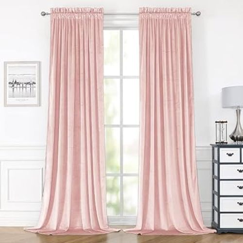 Pink Velvet Curtains 90 Inches for Bedroom, Thermal Insulated Curtains- Room Darkening Sun Blocking Rod Pocket Window Drapes for Living Room, 2 Panels, 52 x 90 Inches