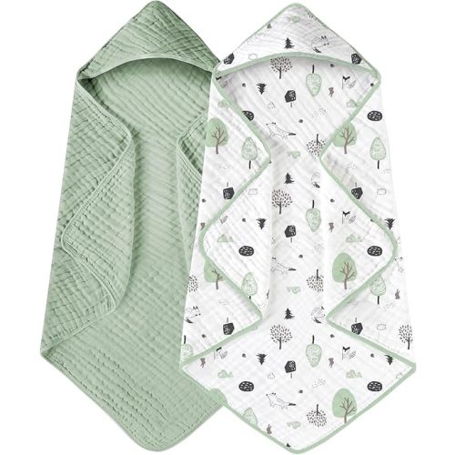 Yoofoss Hooded Baby Towels for Newborn 2 Pack 100% Muslin Organic Cotton Baby Bath Towel with Hood for Babies, Infant, Toddler and Kids, 32x32Inch, Soft and Absorbent Newborn Essential,Forest