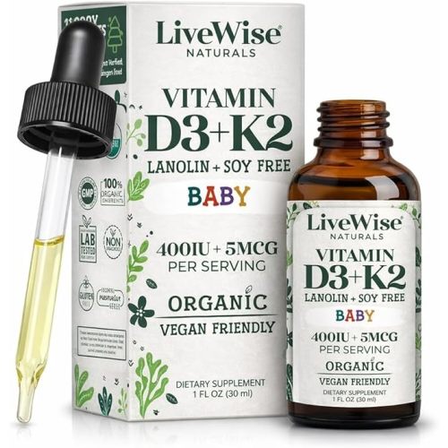 Vitamin D3+K2 Liquid Drops - Organic MCT Oil Formula for Baby - Easy Absorption D3 K2 Supplement for Immune Support & Bone Health 1- Fl Oz