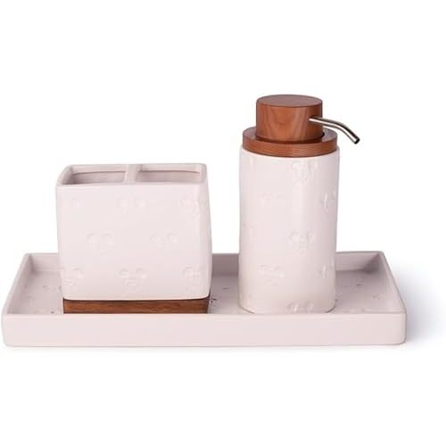 Disney Mickey Mouse Bathroom Accessories Set | Ceramic Tooth Brush Holder Tray and Soap Pump | Disney Housewarming Gifts | Set of 3 Bathroom Accessories | Official Disney Licensee