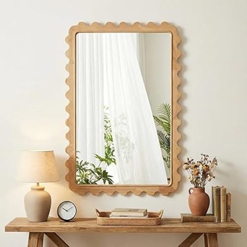 Wavy Solid Wood Wall Mirror, 24x35 Inch Bathroom Mirror, Large Scalloped Rectangle Mirror for Wall Decor, Boho Decorative Wall Mirror for Bedroom, Living Room, Entryway