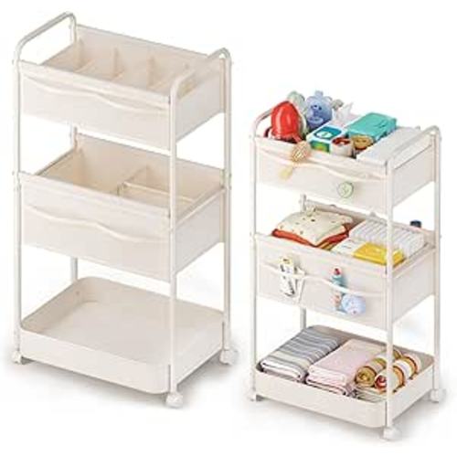 Baby Diaper Caddy, Premium Metal& Felt Movable Cart with Dividers for Newborn Nursery Essentials, Large Capacity Rolling Diaper Storage Caddy Organizer for Changing Table &Crib, Easy Assembly