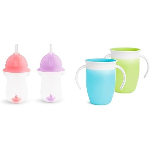 Munchkin® Any Angle™ Weighted Toddler Straw Cup with Click Lock™ Lid, 10 Ounce, 2 Pack, Pink/Purple & ® Miracle® 360 Trainer Sippy Cup with Handles, Spill Proof, 7 Ounce, 2 Pack, Green/Blue