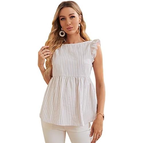 Floerns Women's Striped Print Boat Neck Tie Back Sleeveless Maternity Peplum Blouse Tops