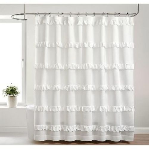 Recycled Cotton Multi Ruffle White Shower Curtain - 72"x72"