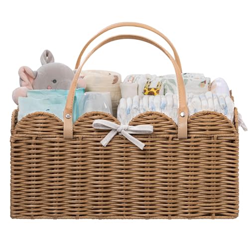 HBlife Baby Diaper Caddy Organizer, Large Portable Scalloped Plastic Wicker Woven Basket with Divider, Nursery Diaper Station, Baby Shower Gifts Basket, Car Organizer, Washable Waterproof
