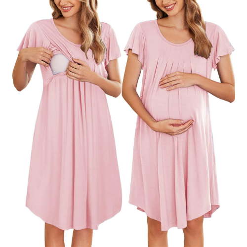 Ekouaer Nursing Nightown Labor and Delivery Gown for Hospital Pleated Breastfeeding Dress for Women Short Sleeve Maternity Sleepwear