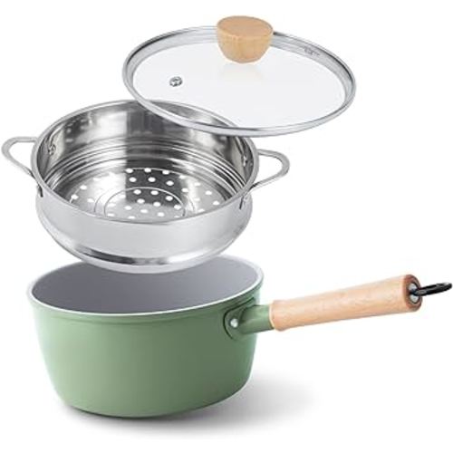 ROCKURWOK Ceramic Nonstick Sauce Pan, 3 QT Pot with Steamer, Non Toxic & PFAS-Free, Wooden Handle for Cool Touch, Universal Base(Gas, Electric & Induction), Green