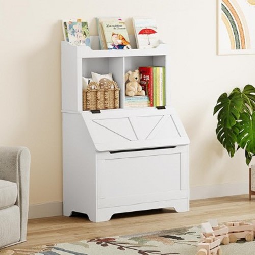 Garvee Bookshelf for Kids, Wooden Book Display, Kids Bookshelf and Toy Storage, Children Book Rack Bookcase Toybox Combo for Bedroom & Nursery,White