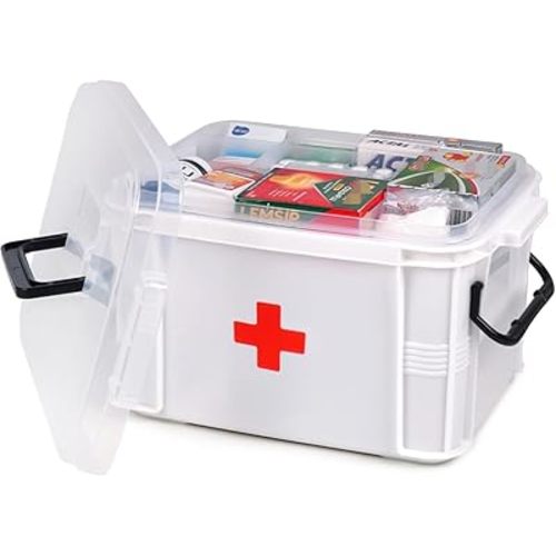 15qt White Medicine Organizer Storage Box with Tray, Plastic First Aid Box Empty, Thickened Medicine Container Chest, Multipurpose Medical Case with Labels, Medicine Caddy with Lids Handles
