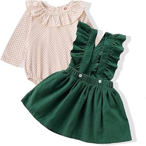 Kucnuzki Newborn Baby Girl Clothes Toddler Long Sleeve Ruffle Romper Top Infant Skirt Set Little Girl Overall Dress