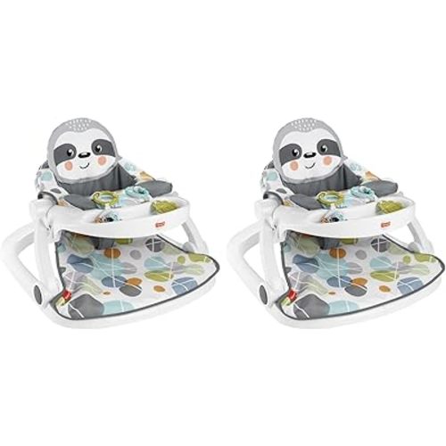 Fisher-Price Portable Baby Chair Sit-Me-Up Floor Seat with Snack Tray, Developmental Toys & Washable Seat Pad, Cute Sloth (Pack of 2)